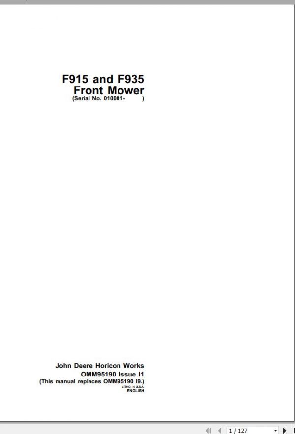 John Deere Front Mower F915 F935 SN 010001 Operators Manual OMM95190 I1 1