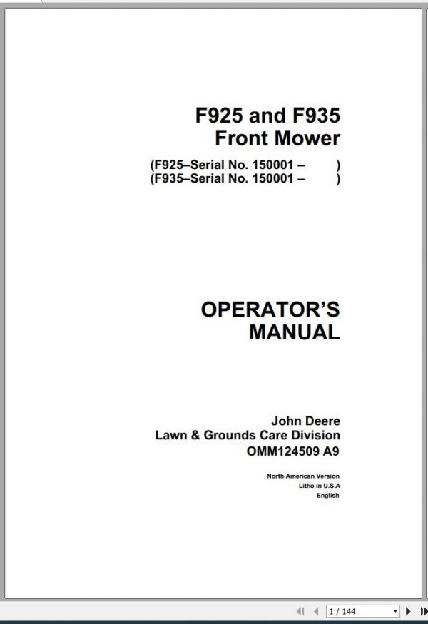 John Deere Front Mower F925 F935 SN 150001 Operators Manual OMM124509 A9 1