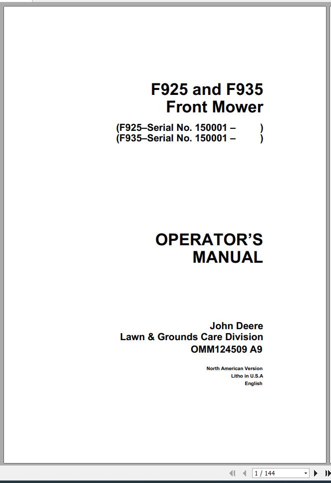 John Deere Front Mower F925 F935 SN 150001 Operators Manual OMM124509 A9 1
