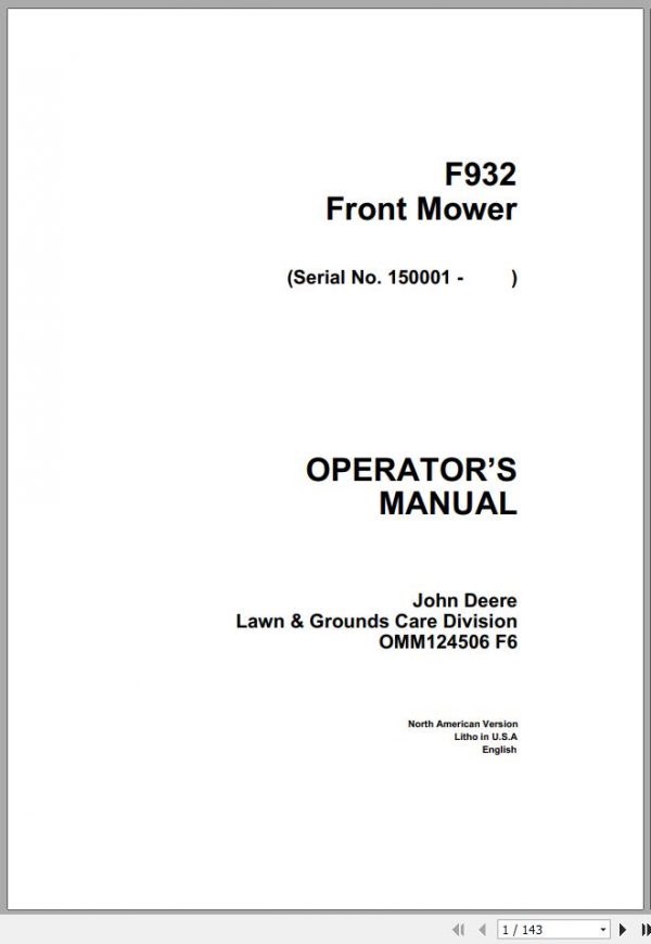 John Deere Front Mower F932 SN 150001 Operators Manual OMM124506 F6 1