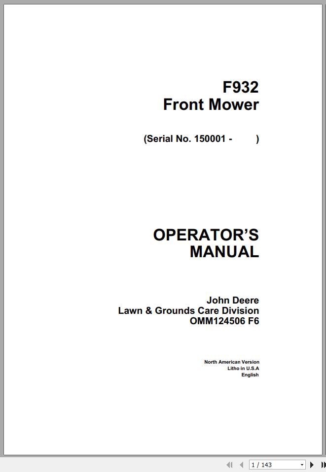 John Deere Front Mower F932 SN 150001 Operators Manual OMM124506 F6 1