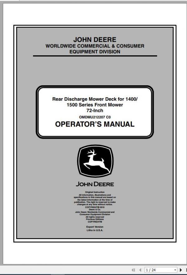 John Deere Front Mower Rear Discharge Mower Deck 1400 1500 72 Inch Operators Manual OMDMU212207 C0 1