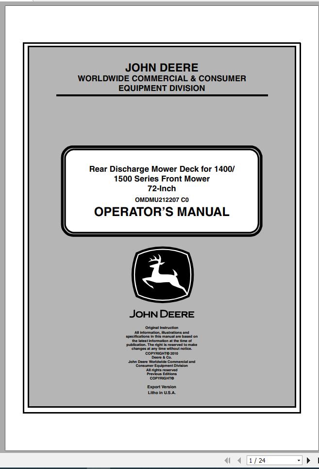 John Deere Front Mower Rear Discharge Mower Deck 1400 1500 72 Inch Operators Manual OMDMU212207 C0 1