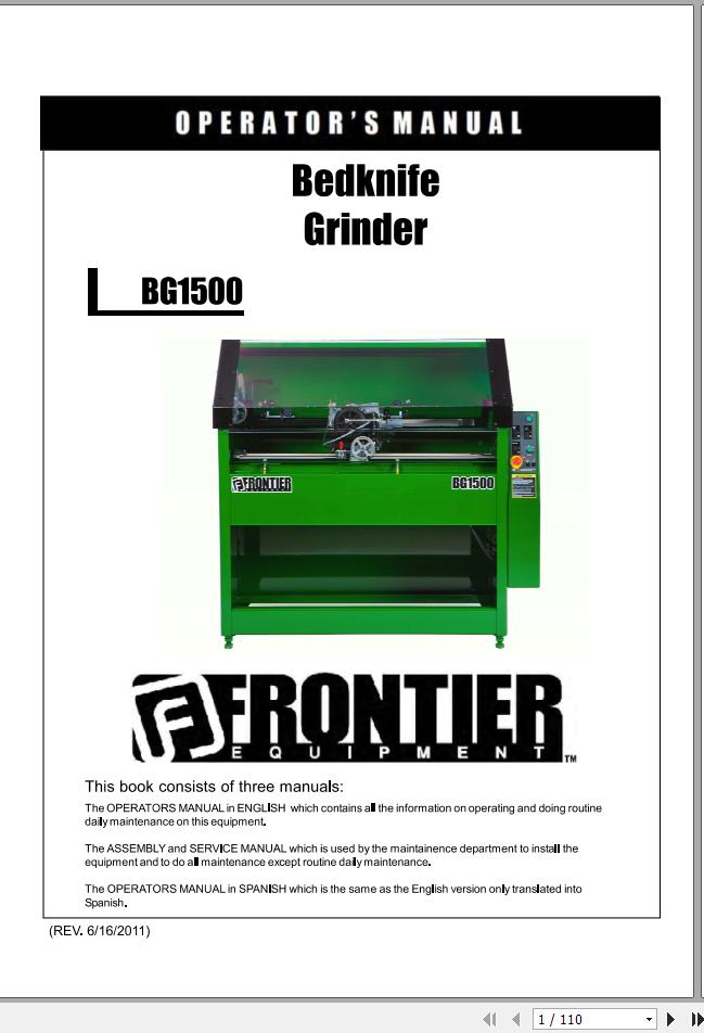 John Deere Frontier Bedknife Grinder BG1500 Operators Manual 5NTBG1507901 2011 EN ES 1