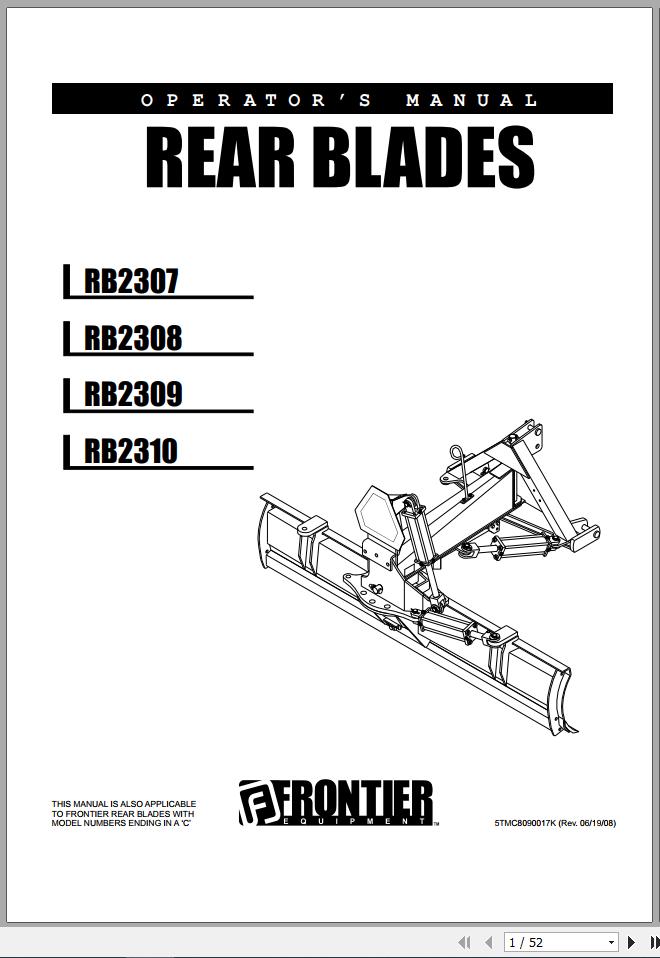 John Deere Frontier Rear Blades RB2307 RB2310 Operators Manual 5TMC8090017K 2008 1