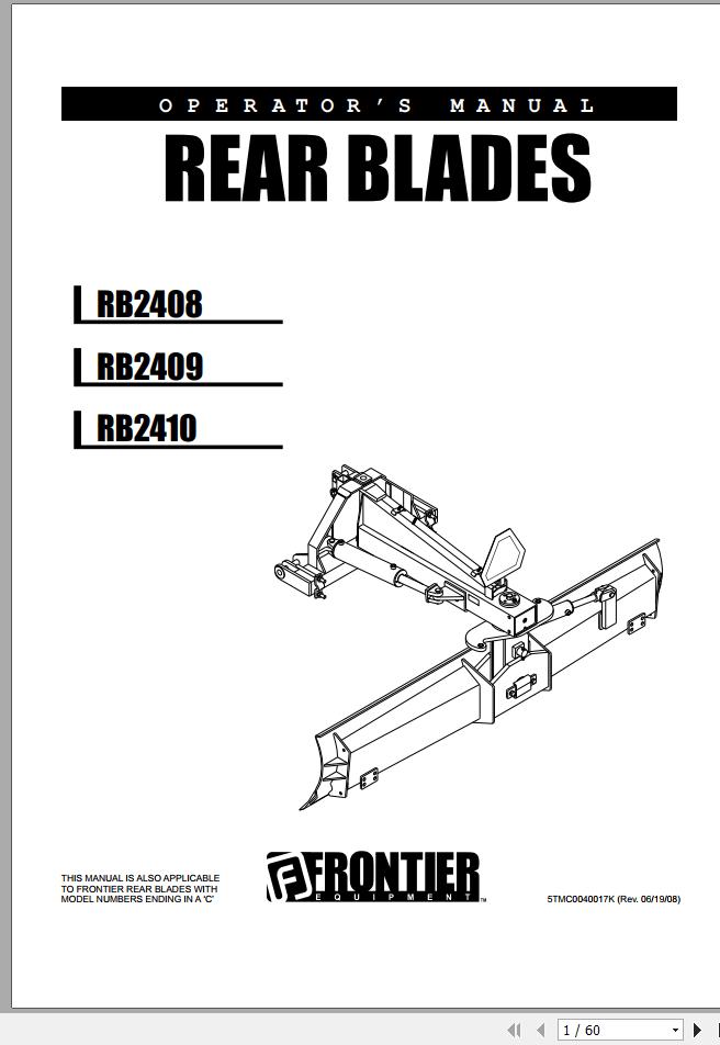John Deere Frontier Rear Blades RB2408 RB2409 RB2410 Operators Manual 5TMC0040017K 2008 1