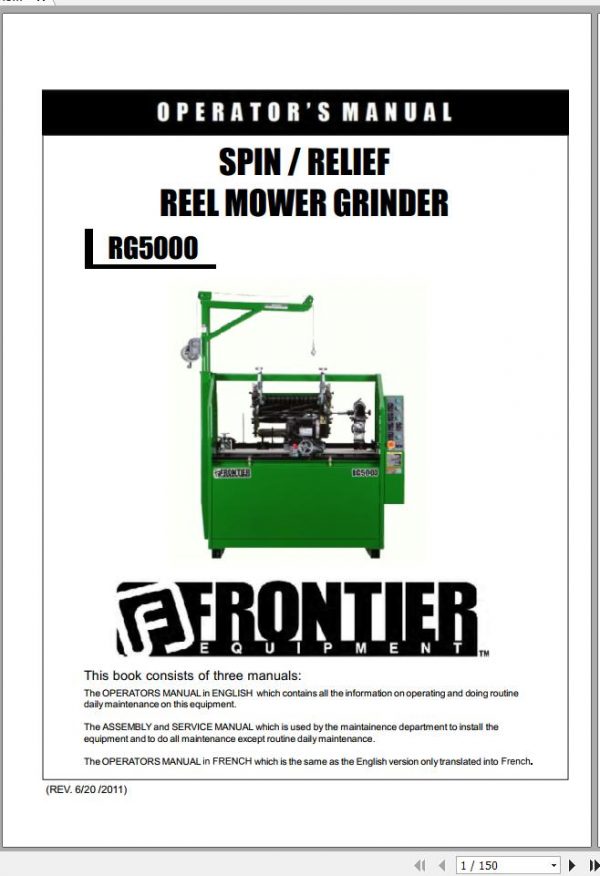 John Deere Frontier Spin Relief Reel Mower Grinder RG5000 Operators Manual 5NTRG5007903 2011 EN ES 1