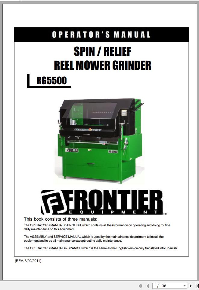 John Deere Frontier Spin Relief Reel Mower Grinder RG5500 Operators Manual 5NTRG5507901 2011 EN ES 1