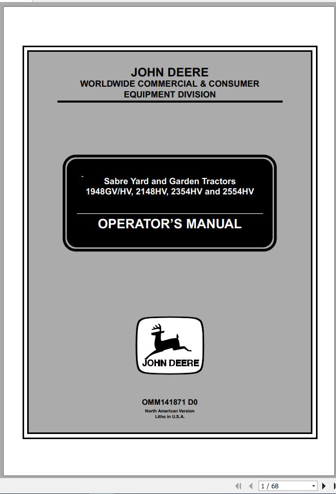 John Deere Garden Tractor 1948GVHV 2148HV 2354HV 2554HV Operators Manual OMM141871 D0 1