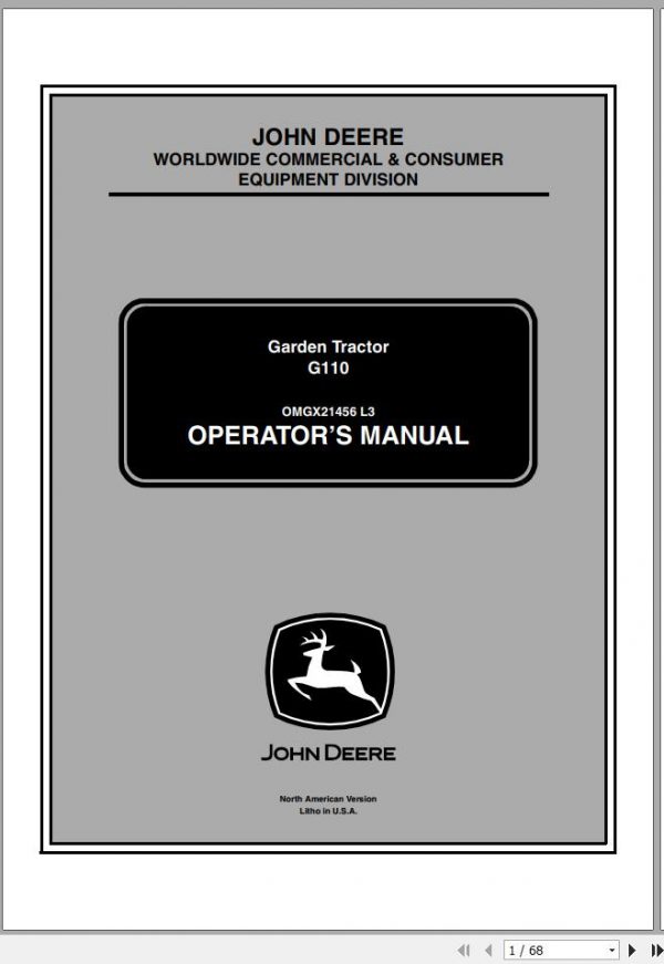 John Deere Garden Tractor G110 SN 010001 Operators Manual 2014 1