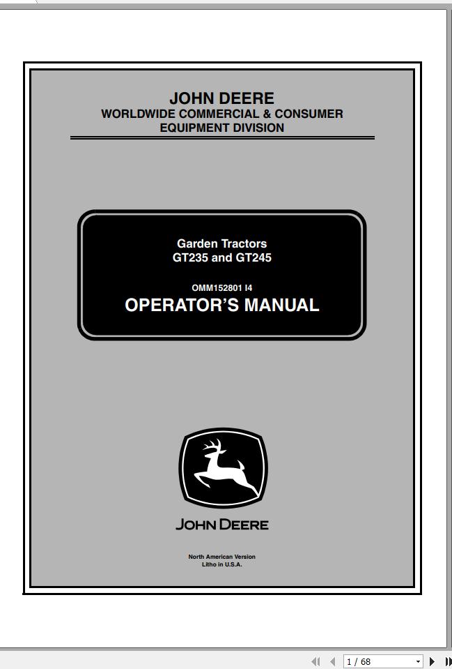 John Deere Garden Tractor GT235 GT245 SN 110001 Operators Manual OMM152801 I4 2004 1