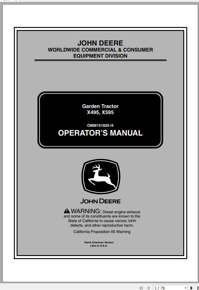 John Deere Garden Tractor X495 X595 SN 040000 Operators Manual OMM151820 I4 2004 1