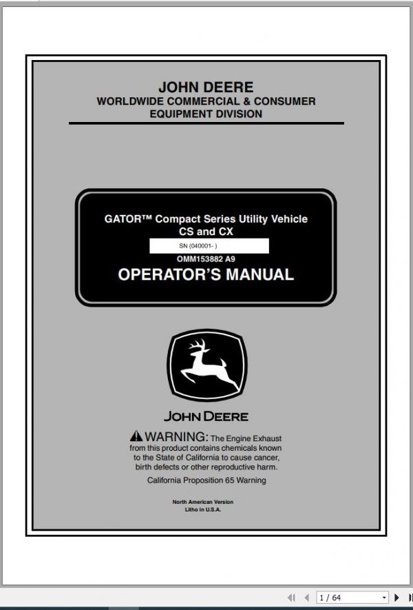 John Deere Gator Compact Series Utility Vehicle CS CX SN 040001 Operators Manual OMM153882 A9 2009 1