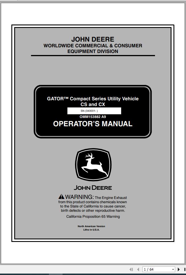 John Deere Gator Compact Series Utility Vehicle CS CX SN 040001 Operators Manual OMM153882 A9 2009 1