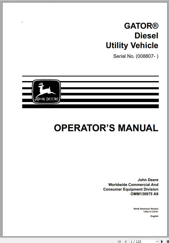 John Deere Gator Diesel Utility Vehicle SN 08807 Operators Manual 1