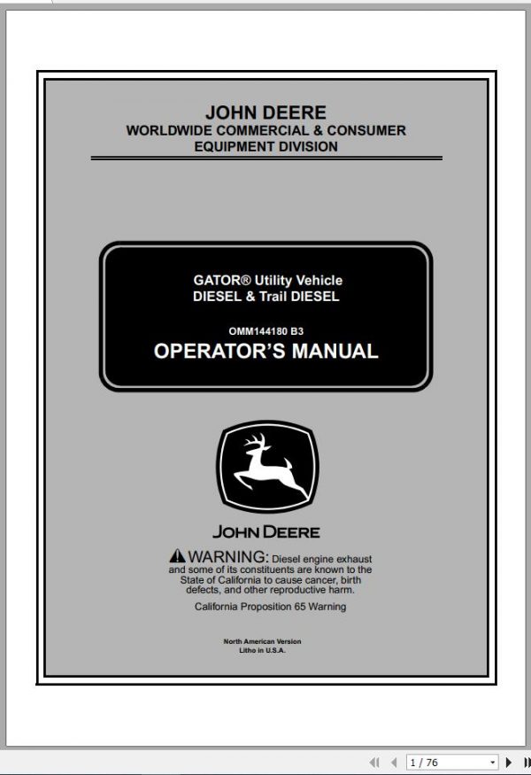 John Deere Gator Utility Vehicle Diesel Trail Diesel SN 008807 Operators Manual OMM144180 B3 2003 1