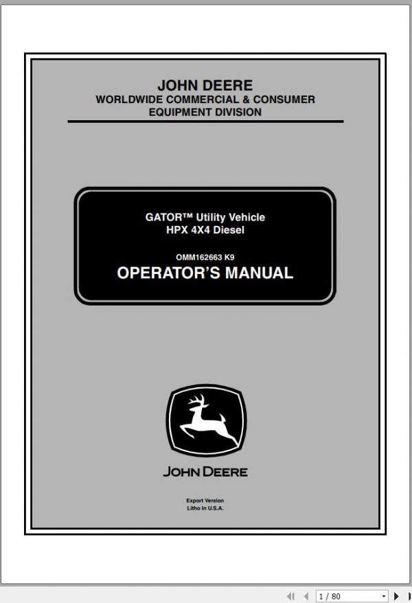 John Deere Gator Utility Vehicle HPX 4×4 Diesel SN 080000 Operators Manual OMM162663 K9 2009 1