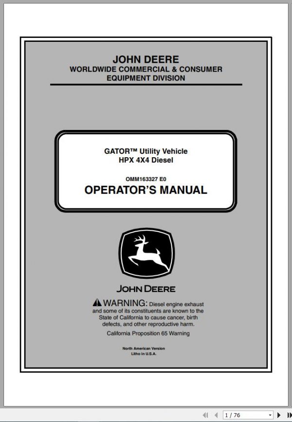 John Deere Gator Utility Vehicle HPX 4×4 Diesel SN 090001 Operators Manual OMM163327 E0 2010 1