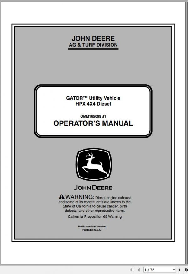 John Deere Gator Utility Vehicle HPX 4×4 Diesel SN 100001 Operators Manual OMM165099 J1 2011 1