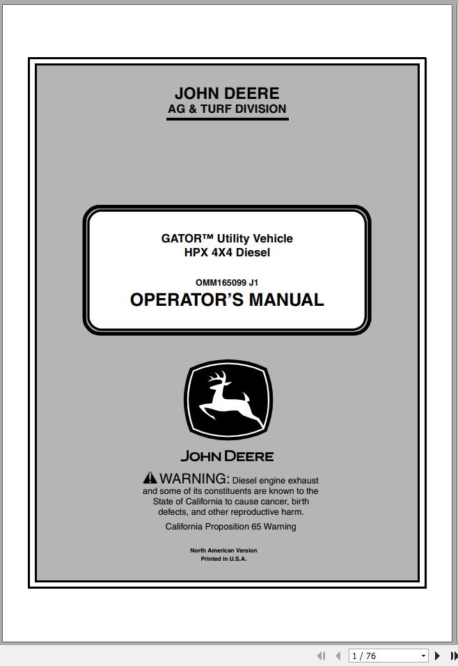 John Deere Gator Utility Vehicle HPX 4x4 Diesel SN 100001 Operators Manual OMM165099 J1 2011 1