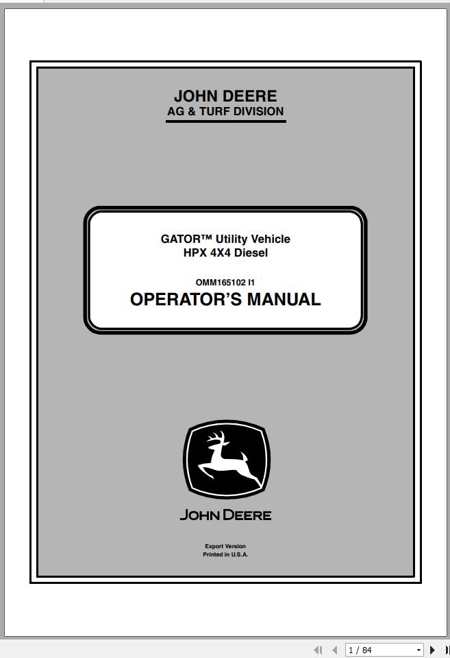 John Deere Gator Utility Vehicle HPX 4x4 Diesel SN 100001 Operators Manual OMM165102 I1 2011 1