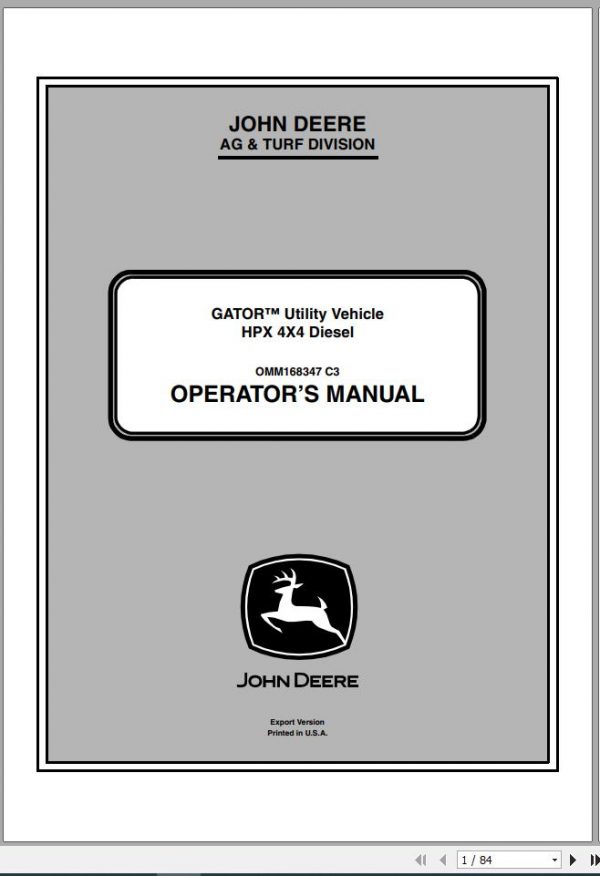 John Deere Gator Utility Vehicle HPX 4×4 Diesel SN 110001 Operators Manual 1