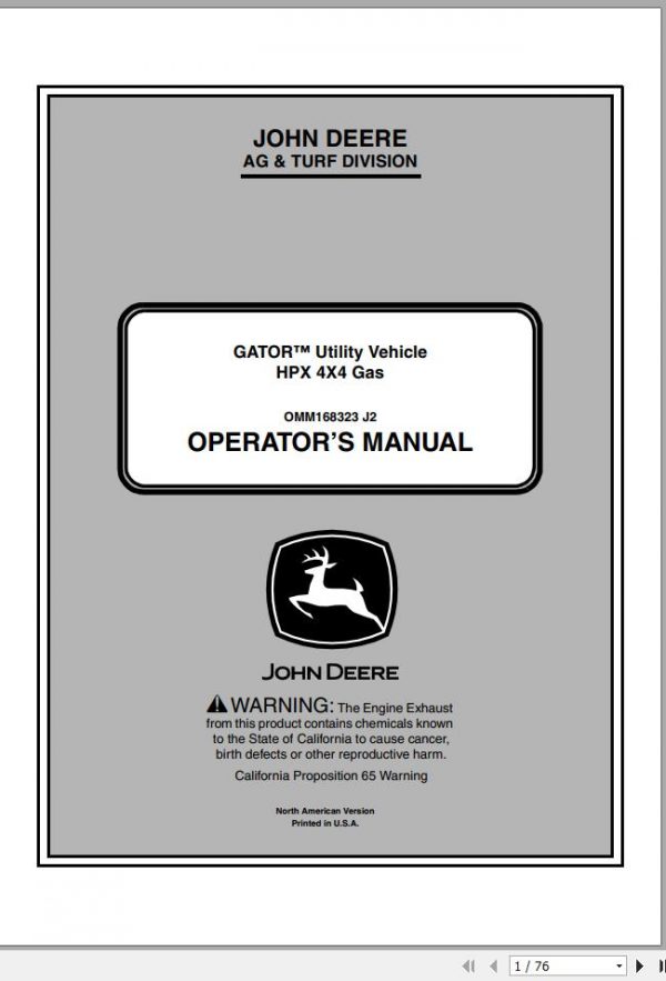 John Deere Gator Utility Vehicle HPX 4×4 Gas Operators Manual OMM168323 J2 2012 1