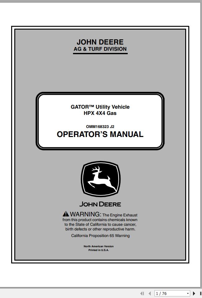 John Deere Gator Utility Vehicle HPX 4x4 Gas Operators Manual OMM168323 J2 2012 1