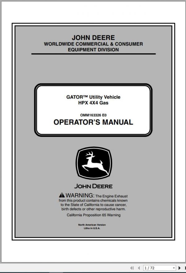 John Deere Gator Utility Vehicle HPX 4×4 Gas SN 090001 Operators Manual OMM163326 E0 2010 1