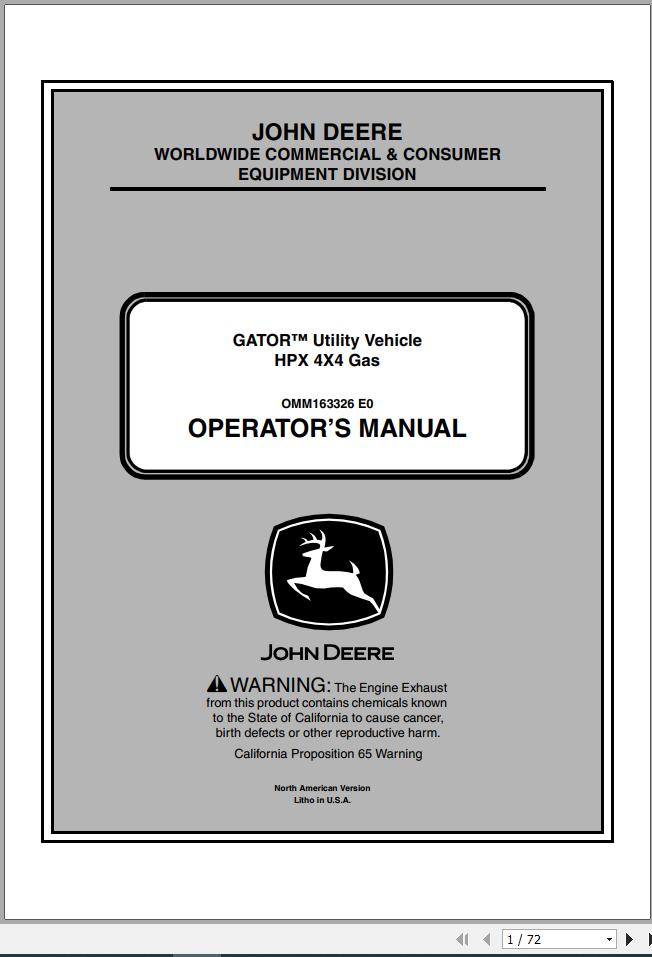 John Deere Gator Utility Vehicle HPX 4x4 Gas SN 090001 Operators Manual OMM163326 E0 2010 1
