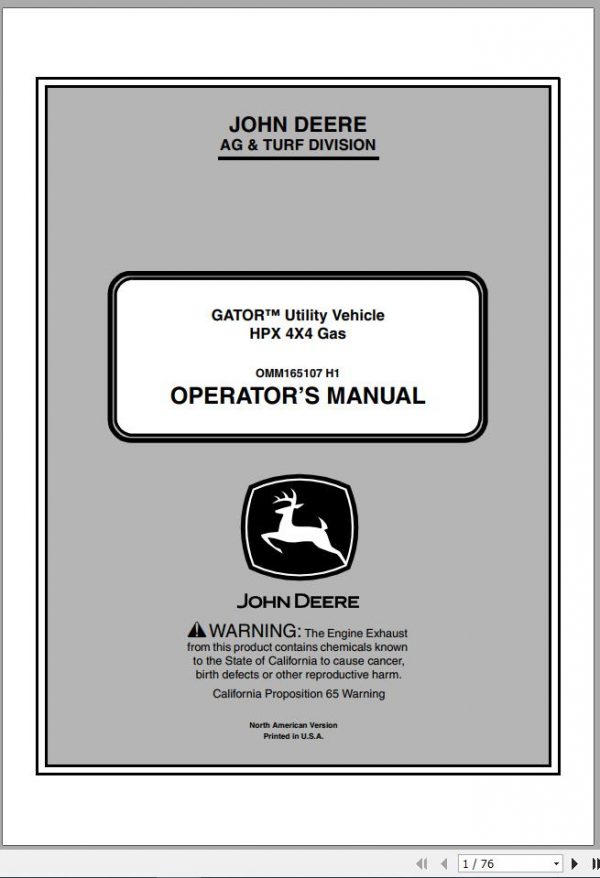 John Deere Gator Utility Vehicle HPX 4×4 Gas SN 100001 Operators Manual OMM165107 H1 2011 1