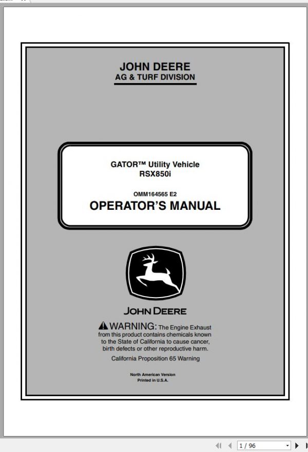John Deere Gator Utility Vehicle RSV850i SN 010001 Operators Manual OMM164565 E2 2012 1