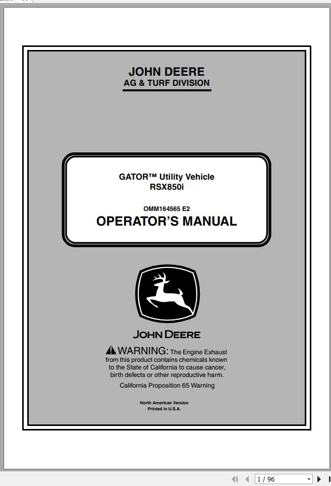 John Deere Gator Utility Vehicle RSV850i SN 010001 Operators Manual OMM164565 E2 2012 1