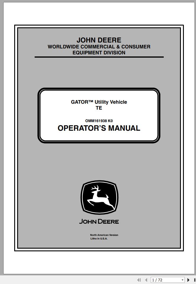 John Deere Gator Utility Vehicle TE SN 050001 Operators Manual OMM161938 K0 2010 1