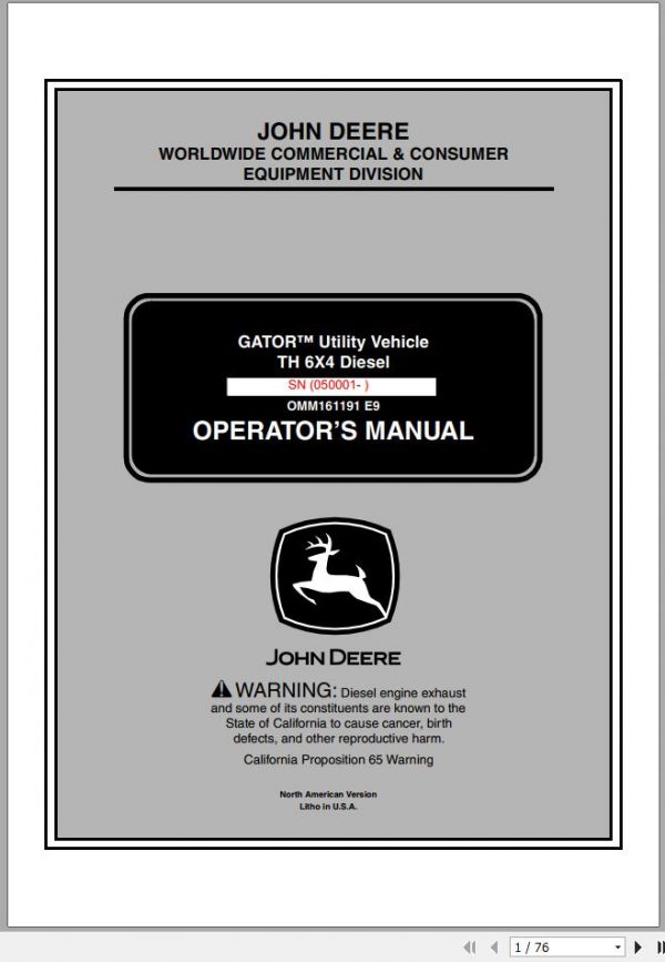 John Deere Gator Utility Vehicle TH 6×4 Diesel SN 050001 Operators Manual OMM161191 E9 2009 1