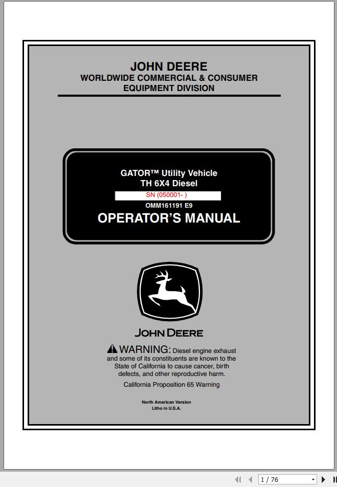 John Deere Gator Utility Vehicle TH 6x4 Diesel SN 050001 Operators Manual OMM161191 E9 2009 1