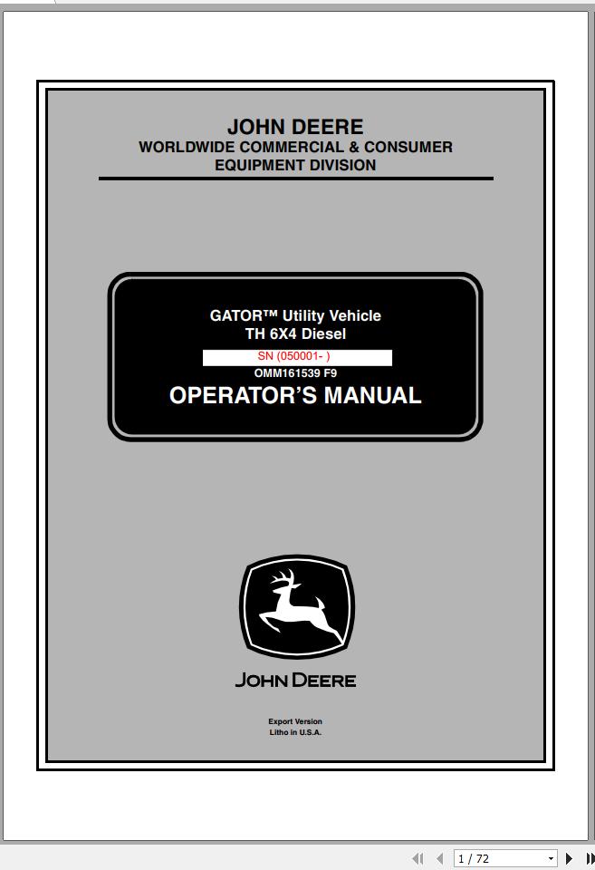 John Deere Gator Utility Vehicle TH 6x4 Diesel SN 050001 Operators Manual OMM161539 F9 2009 1