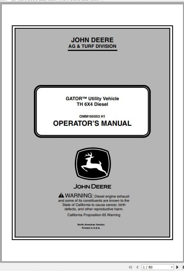 John Deere Gator Utility Vehicle TH 6×4 Diesel SN 070001 Operators Manual 1