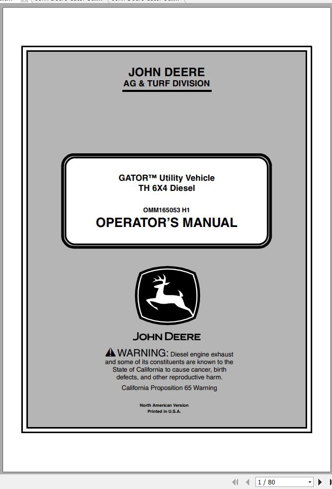 John Deere Gator Utility Vehicle TH 6x4 Diesel SN 070001 Operators Manual 1