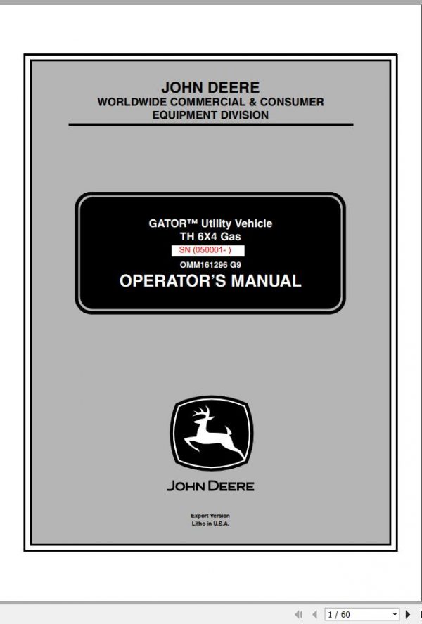John Deere Gator Utility Vehicle TH 6×4 Gas SN 050001 Operators Manual 2009 1