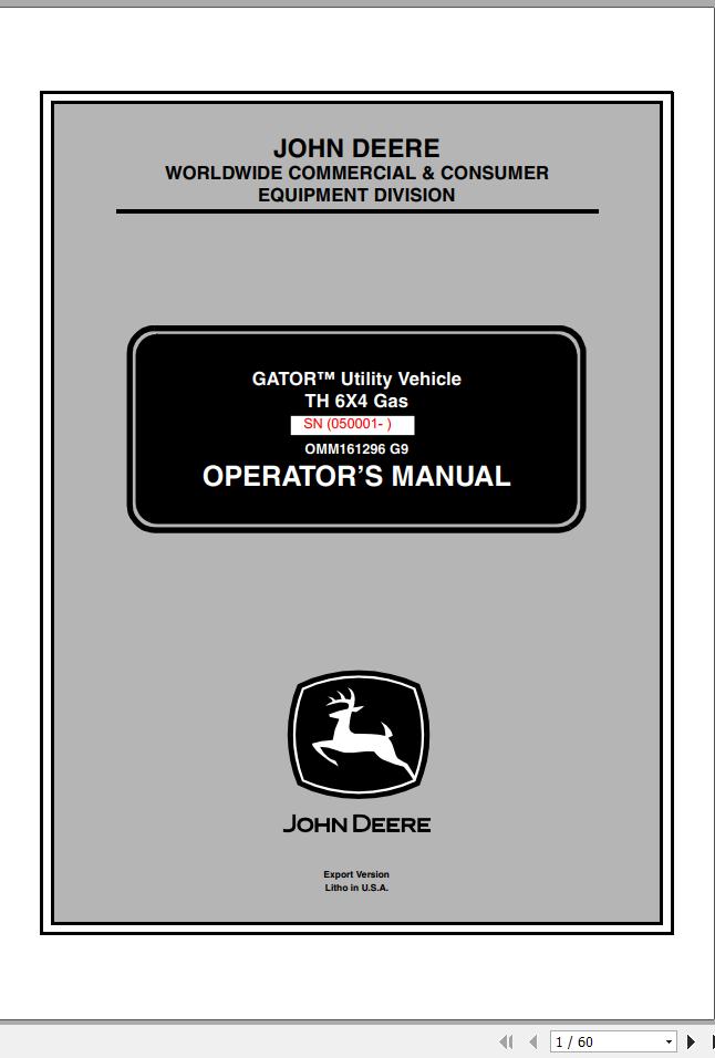 John Deere Gator Utility Vehicle TH 6x4 Gas SN 050001 Operators Manual 2009 1