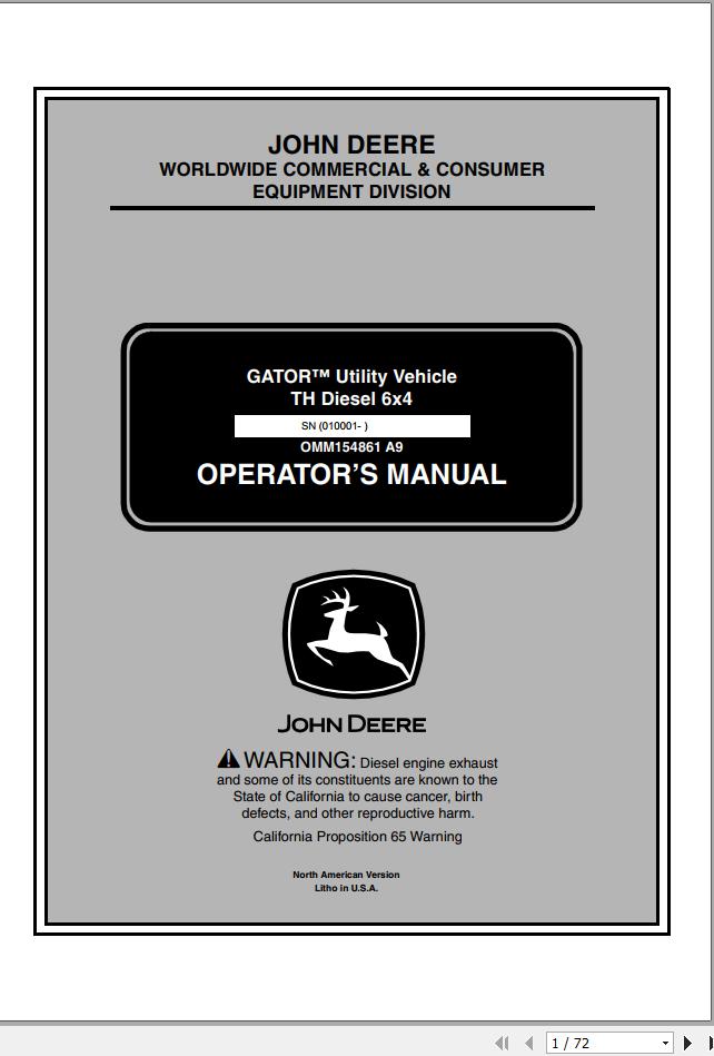 John Deere Gator Utility Vehicle TH Diesel 6x4 SN 010001 Operators Manual OMM154861 A9 2009 1