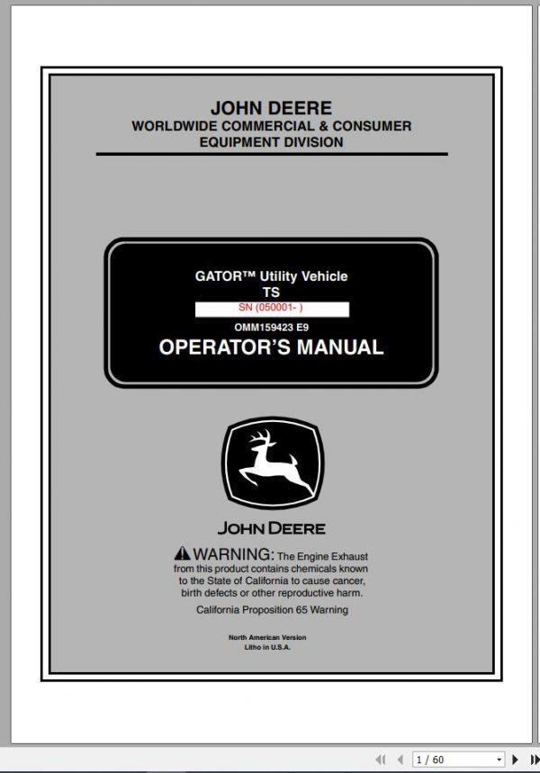 John Deere Gator Utility Vehicle TS SN 050001 Operators Manual 2009 1