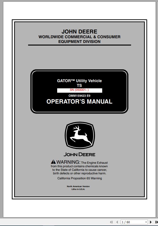 John Deere Gator Utility Vehicle TS SN 050001 Operators Manual 2009 1