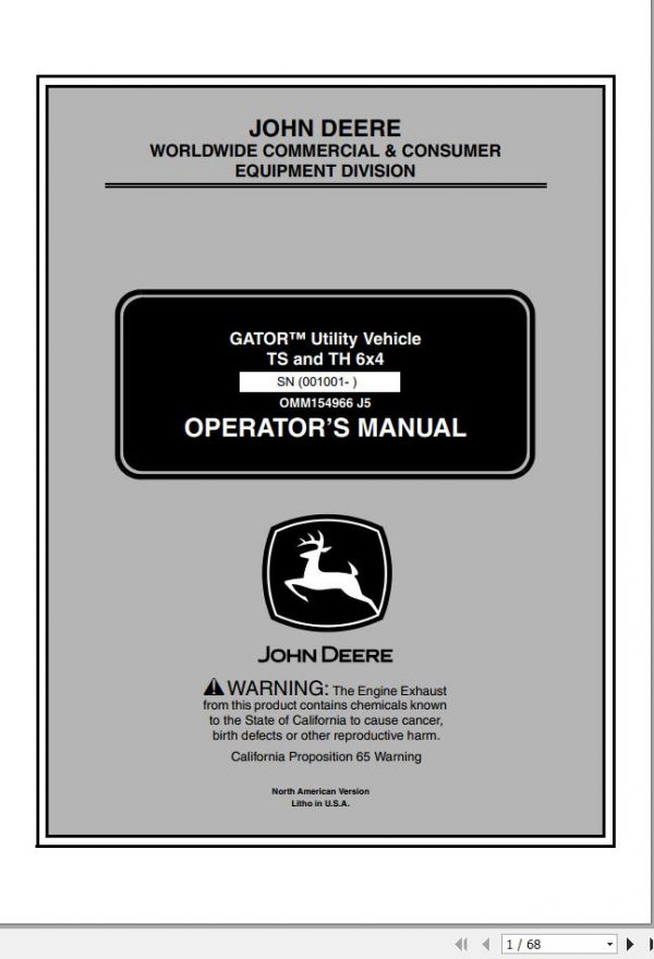 John Deere Gator Utility Vehicle TS TH 6×4 SN 001001 Operators Manual OMM154966 J5 2005 1