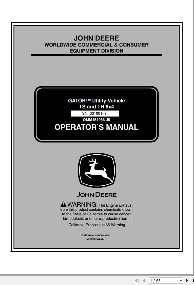 John Deere Gator Utility Vehicle TS TH 6x4 SN 001001 Operators Manual OMM154966 J5 2005 1
