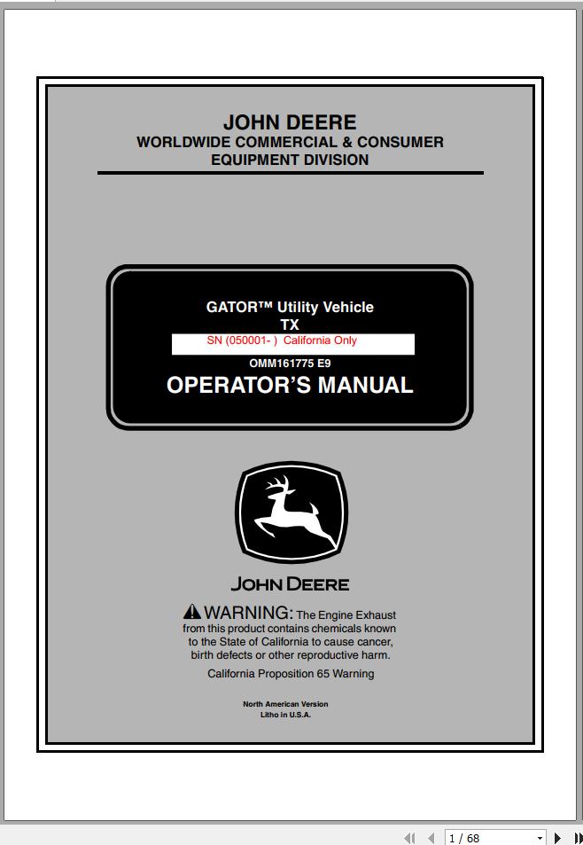 John Deere Gator Utility Vehicle TX SN 050001 California Only Operators Manual OMM161775 E9 2009 1