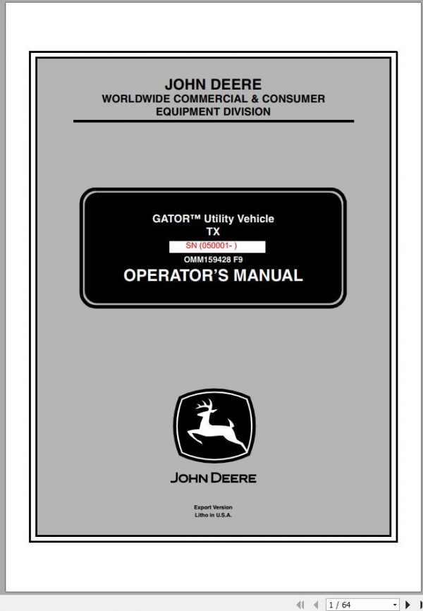 John Deere Gator Utility Vehicle TX SN 050001 Operators Manual 2009 1