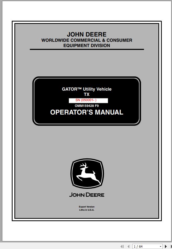 John Deere Gator Utility Vehicle TX SN 050001 Operators Manual 2009 1