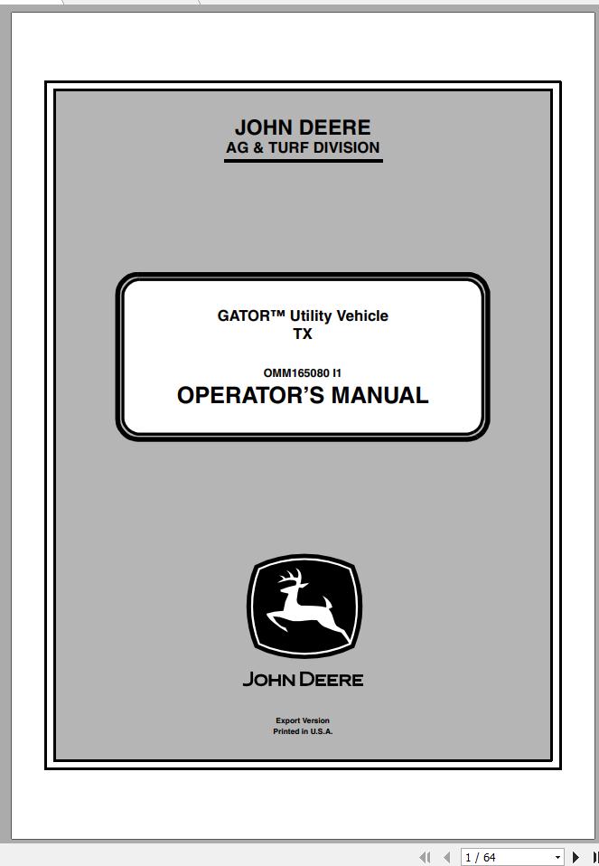 John Deere Gator Utility Vehicle TX SN 070001 Operators Manual 2011 1